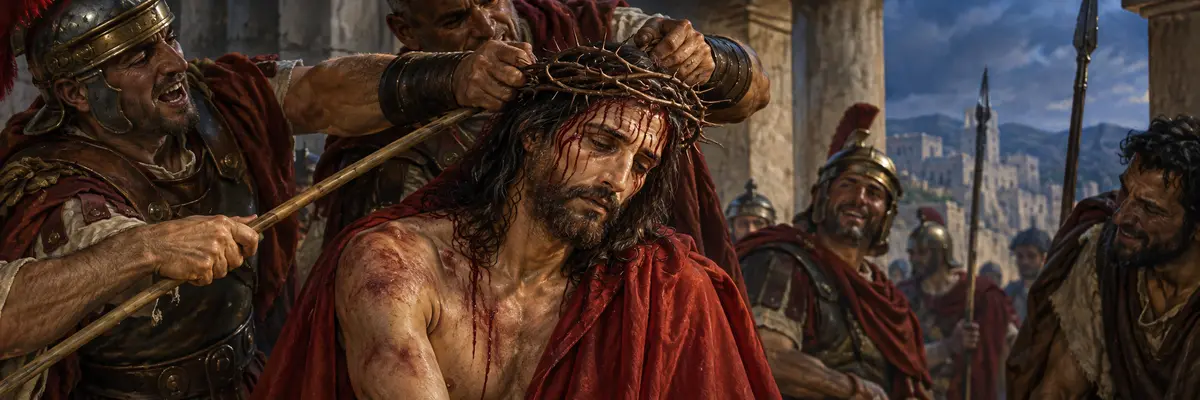 Jesús coronado de espinas, con el rostro herido y expresión de amor y misericordia.