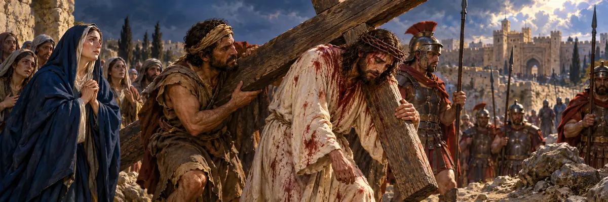 Jesús herido carga la cruz camino del Calvario, acompañado por Simón de Cirene.