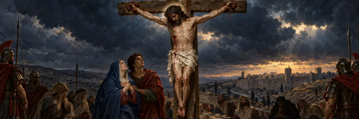 Jesús entrega su vida en la cruz; María y san Juan permanecen junto a Él.