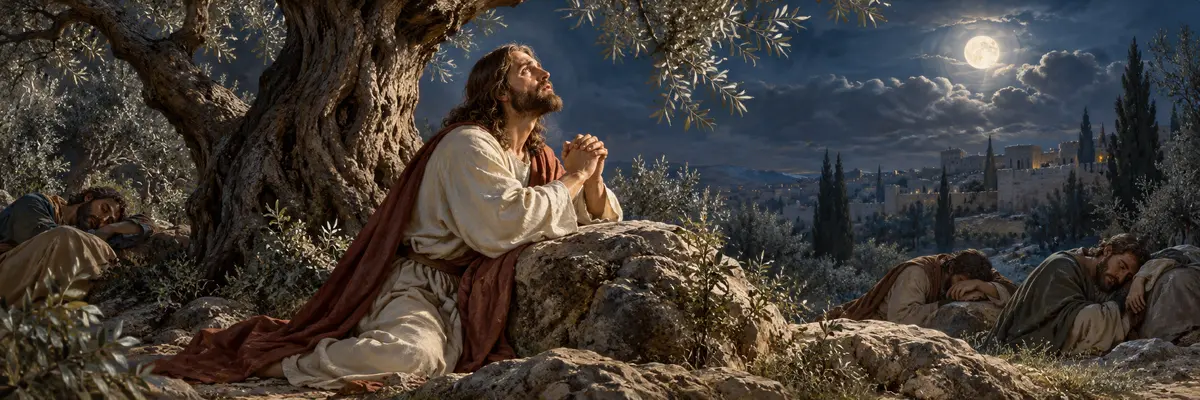 Jesús ora en el huerto de Getsemaní.
