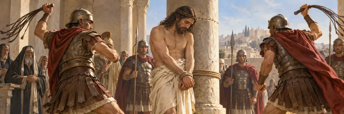 La flagelación de Jesús junto a la columna.
