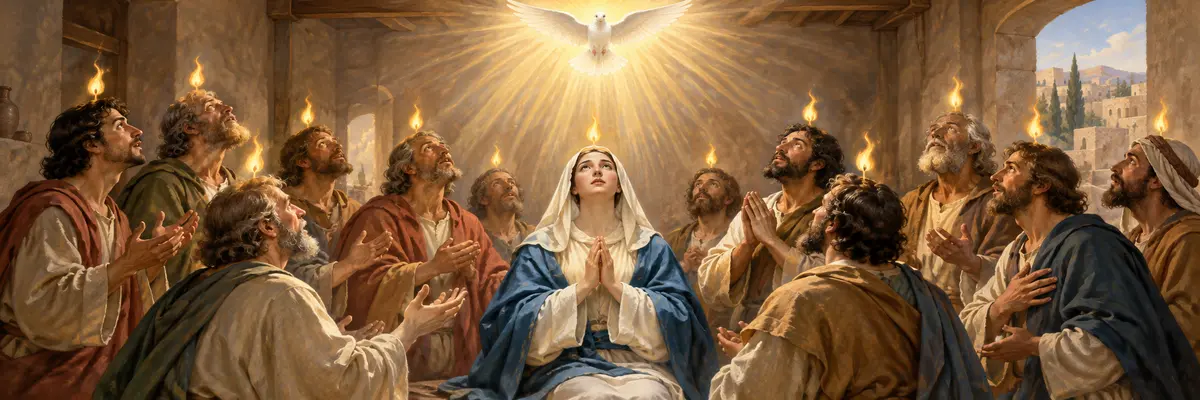 La venida del Espíritu Santo sobre María y los apóstoles.