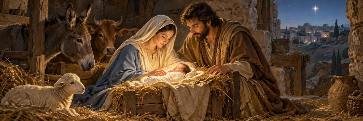 María y José contemplan al Niño Jesús recién nacido en Belén.