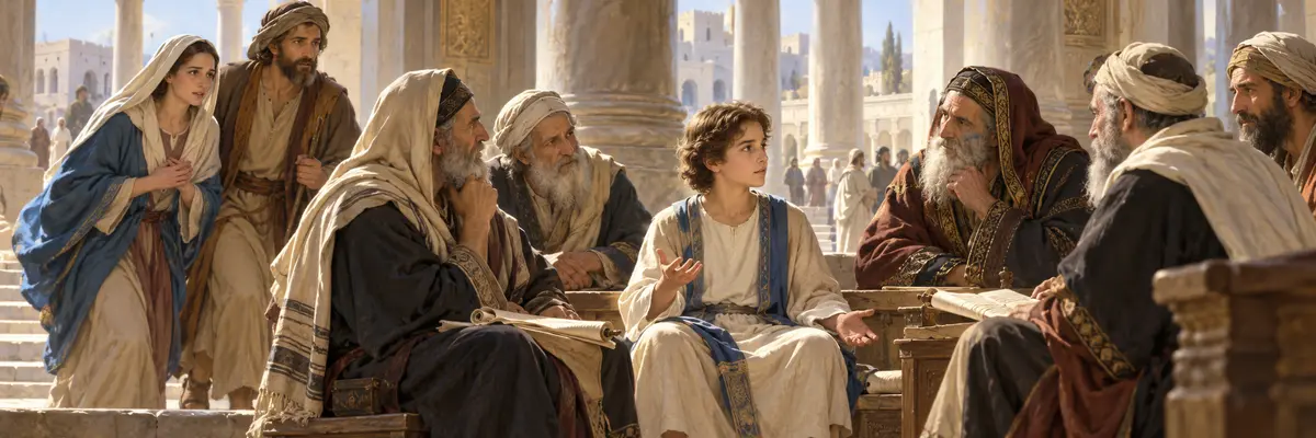 María y José encuentran al Niño Jesús entre los doctores del Templo.