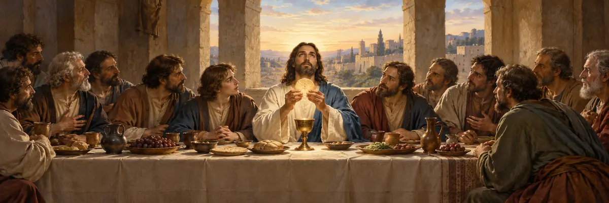 Jesús instituye la Eucaristía en la Última Cena.